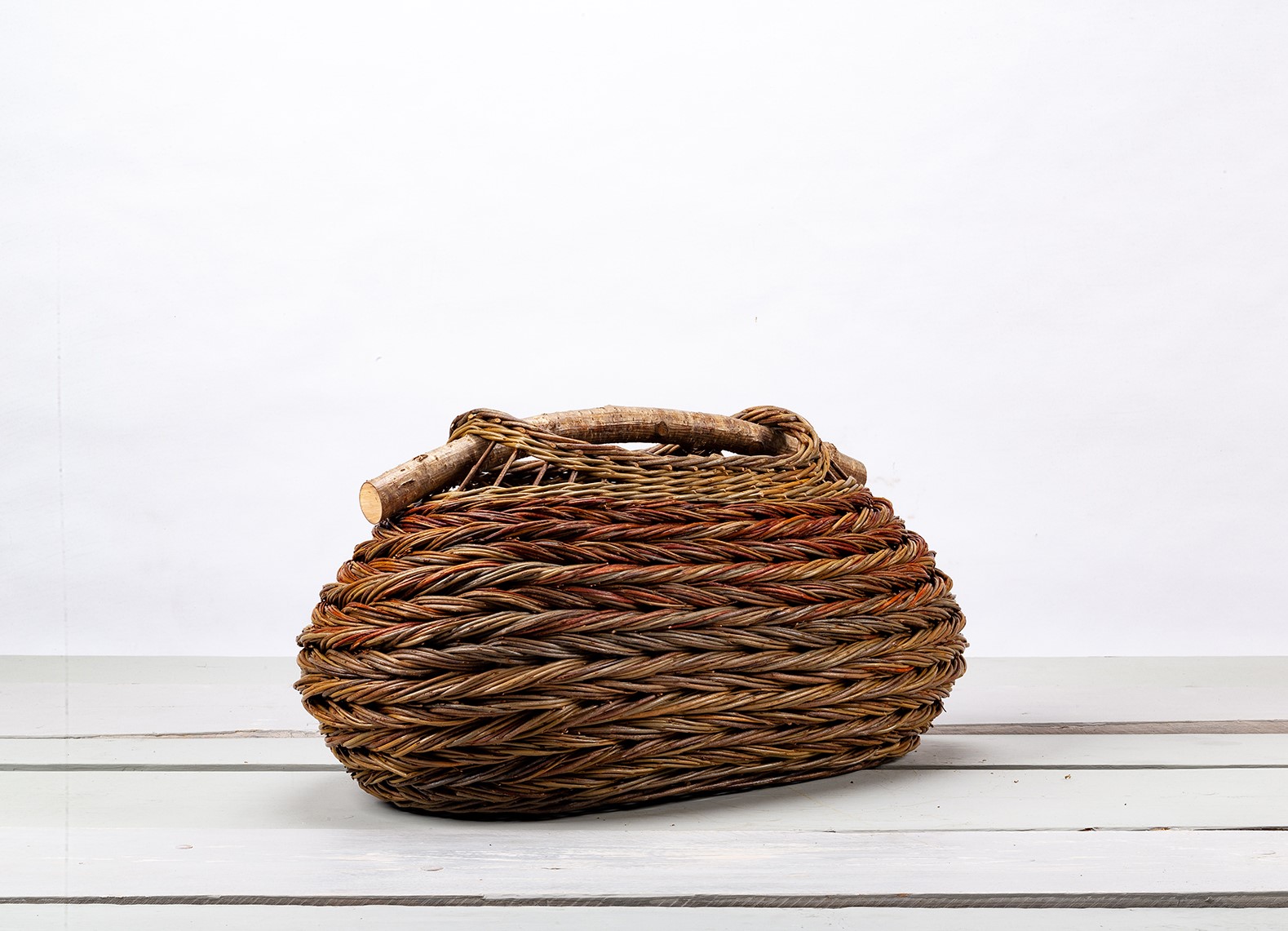 SUE KIRK Red Oval Herringbone Weave Basket with Hazel Handle